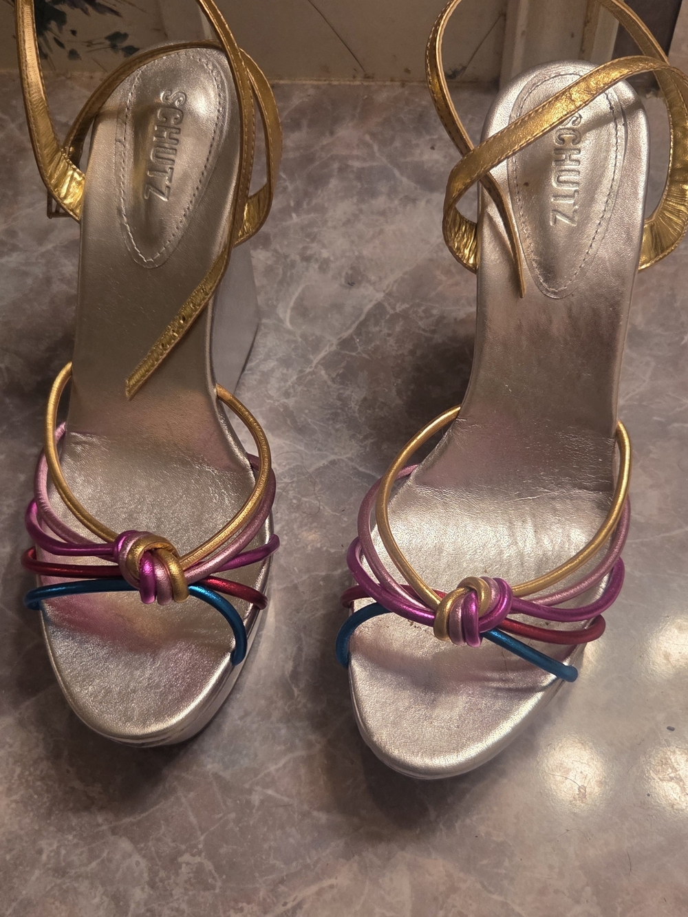 SCHUTZ Metallic Gold Knot-Front Strappy Heels with Multicolor Cords